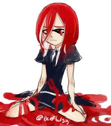 Rule 34 | androgynous, arm support, cinnabar (houseki no kuni), closed mouth, crying, gender request, houseki no kuni, ink, inkling, mask, nintendo, other focus, puffy short sleeves, puffy sleeves, red eyes, red hair, short hair, short sleeves, sitting, solo, tentacle hair, tofucakes, twitter username, uniform, wariza