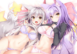 Rule 34 | 2girls, animal ear fluff, animal ears, black sweater, bra, breasts, cleavage, clothes lift, commentary request, fang, fox ears, fox shadow puppet, fox tail, gluteal fold, hands up, large breasts, light purple hair, long hair, long sleeves, looking at viewer, multiple girls, no pants, open mouth, original, panties, pillow, pink bra, pink panties, purple bra, purple panties, ribbed sweater, side-tie panties, silver hair, smile, star (symbol), sweater, sweater lift, tail, tateha (marvelous grace), thigh gap, turtleneck, turtleneck sweater, underwear, untied panties, very long hair, yellow eyes