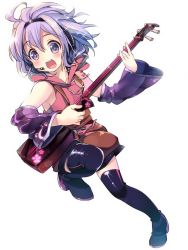 Rule 34 | 1girl, ahoge, aino hate, bachi, bare shoulders, black eyes, black thighhighs, blush, detached sleeves, headset, heart, huge ahoge, instrument, leg up, open mouth, overalls, pigeon-toed, plectrum, purple hair, shamisen, short hair, simple background, solo, suspenders, tattoo, teeth, thighhighs, utau, vocaloid, white background