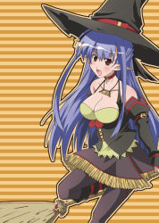 Rule 34 | 00s, black pantyhose, blue hair, broom, hat, nerine, pantyhose, paopa ship, pointy ears, red eyes, shuffle!, solo, witch hat
