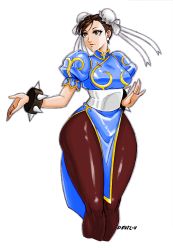 Rule 34 | 1girl, bracelet, brown eyes, brown hair, bun cover, capcom, china dress, chinese clothes, chun-li, devil-v, double bun, dress, hair bun, highres, jewelry, md5 mismatch, pantyhose, pelvic curtain, resized, resolution mismatch, sash, short hair, solo, source smaller, spiked bracelet, spikes, street fighter, upscaled, wide hips