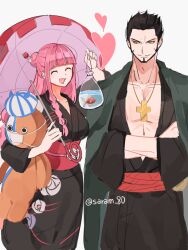 Rule 34 | 1boy, 1girl, bad id, bad twitter id, black hair, black kimono, blunt bangs, closed mouth, commentary, commentary request, cross pendant, crossed arms, dracule mihawk, facial hair, fish, hair bun, hair ornament, heart, holding, holding umbrella, japanese clothes, joman, kimono, korean commentary, kumacy, long hair, obi, one piece, open mouth, perona, pink hair, ringed eyes, sash, short hair, sidelocks, simple background, smile, stuffed toy, umbrella, white background, yellow eyes, yukata