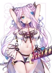 Rule 34 | 10s, 1girl, arms up, between thighs, bikini, blue eyes, blush, braid, breasts, cleavage, draph, granblue fantasy, hair ornament, hair over one eye, heart, heart-shaped pupils, hong (white spider), horns, katana, large breasts, light purple hair, long hair, looking at viewer, mouth hold, narmaya (granblue fantasy), narmaya (summer) (granblue fantasy), navel, pointy ears, simple background, smile, solo, swimsuit, sword, symbol-shaped pupils, weapon, white bikini