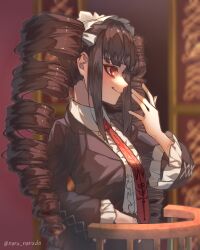Rule 34 | 1girl, alternate hair color, bonnet, brown hair, celestia ludenberg, center frills, danganronpa: trigger happy havoc, danganronpa (series), drill hair, frilled jacket, frilled shirt, frills, from side, gothic lolita, hand up, highres, indoors, jacket, jewelry, lolita fashion, long hair, long sleeves, narudo, necktie, no earrings, open clothes, open jacket, print necktie, red eyes, red necktie, shirt, smile, solo, standing, twin drills, twintails, white shirt
