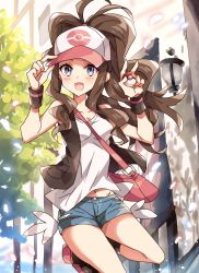 Rule 34 | 1girl, bad id, bad pixiv id, baseball cap, breasts, brown hair, cleavage, commentary request, creatures (company), denim, denim shorts, game freak, hat, hi (pontolfo), highres, hilda (pokemon), holding, holding poke ball, long hair, medium breasts, navel, nintendo, poke ball, poke ball (basic), pokemon, pokemon bw, ponytail, shorts, solo, thighs