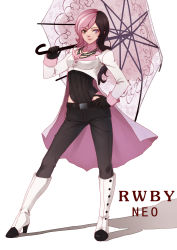 Rule 34 | 1girl, full body, gloves, heterochromia, highres, jewelry, leotard, multicolored hair, necklace, neo politan, pink hair, rwby, smile, solo, split-color hair, two-tone hair, umbrella, zyl