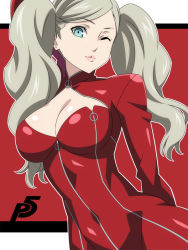 Rule 34 | 10s, 1girl, ;), blue eyes, bodysuit, breasts, cleavage, covered navel, earrings, gloves, grey hair, jewelry, large breasts, long hair, one eye closed, persona, persona 5, pink gloves, pink lips, ra-pen, red background, red bodysuit, smile, solo, stud earrings, swept bangs, takamaki anne, twintails, zipper