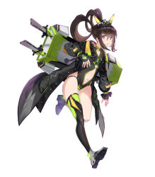 Rule 34 | 1girl, absurdres, black coat, black gloves, brown hair, choker, cleavage cutout, clothing cutout, coat, collarbone, fingerless gloves, frills, gloves, glowing, green choker, green thighhighs, hair between eyes, highres, long hair, mecha musume, navel, navel cutout, ohihil, open clothes, open coat, original, parted lips, purple eyes, sheath, sheathed, simple background, solo, sword, thighhighs, weapon