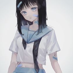 Rule 34 | 1girl, arms at sides, artist name, bandaid, bandaid on face, bandaid on head, black hair, blue eyes, blue skirt, closed mouth, commentary, cowboy shot, crescent, eyebrows hidden by hair, fuyu (xxfylia), grey background, head tilt, looking at viewer, medium hair, midriff, navel, original, pleated skirt, sailor collar, school uniform, serafuku, shirt, short sleeves, signature, simple background, skirt, solo, standing, symbol-only commentary, tattoo, white shirt