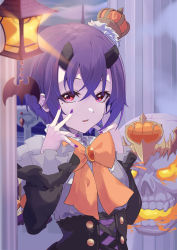 Rule 34 | 1girl, crossed bangs, demon horns, hair between eyes, hair ornament, halloween, highres, horns, looking at viewer, mole, mole under eye, open mouth, princess connect!, purple hair, red eyes, shimon (31426784), shinobu (halloween) (princess connect!), shinobu (princess connect!), solo, upper body