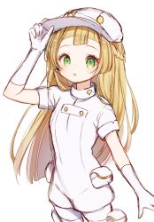 Rule 34 | 1girl, :o, aether foundation uniform, blonde hair, blush, braid, commentary request, cowboy shot, creatures (company), eyelashes, game freak, gloves, green eyes, hand on headwear, hat, highres, kajiki ngtk9, lillie (pokemon), long hair, looking at viewer, nintendo, overalls, pantyhose, parted lips, pokemon, pokemon sm, pouch, short sleeves, sketch, solo, thigh pouch, white gloves, white hat, white overalls, white pantyhose