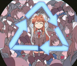 Rule 34 | 1girl, ^ ^, arms behind back, arrow (symbol), blue skirt, bow, brown hair, brown jacket, brown thighhighs, closed eyes, commentary, doki doki literature club, faceless, hair bow, highres, jacket, long hair, monika (doki doki literature club), multiple views, necktie, ponytail, recycling symbol, red neckwear, shirt, sidelocks, skirt, smile, thighhighs, tsubobot, upper body, white bow, white shirt