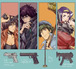 Rule 34 | 2boys, 2girls, cowboy bebop, electra ovilo, faye valentine, gun, hairband, highres, holding, holding weapon, image sample, mop, multiple boys, multiple girls, purple hair, smile, spike spiegel, tobalin, twitter sample, vincent volaju, weapon, yellow hairband