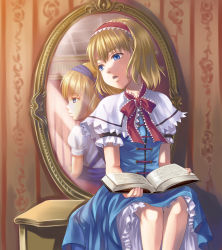 Rule 34 | 2girls, alice margatroid, alice margatroid (pc-98), back-to-back, bad id, bad pixiv id, blonde hair, blue eyes, book, bow, capelet, different reflection, dress, dual persona, female focus, hair bow, hair ornament, hairband, kyuu umi, mirror, multiple girls, mystic square, reflection, short hair, sitting, touhou, touhou (pc-98)