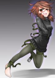 Rule 34 | :d, absurdres, ahoge, bdsm, belt, belt buckle, bondage, bound, brown eyes, brown hair, buckle, clothes writing, commentary request, cosplay, glasses, gradient background, highres, looking at viewer, low twintails, menou, messy hair, metal gear (series), metal gear solid v: the phantom pain, open mouth, psycho mantis, psycho mantis (cosplay), red-framed eyewear, russian text, semi-rimless eyewear, smile, solo, stirrup legwear, straitjacket, toeless legwear, touhou, twintails, under-rim eyewear, usami sumireko