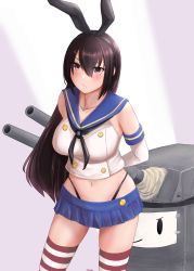 Rule 34 | 1girl, absurdres, arms behind back, black hair, black panties, blue sailor collar, blue skirt, breasts, commentary request, cosplay, cowboy shot, crop top, elbow gloves, gloves, highleg, highleg panties, highres, jouzaburou (joe3), kantai collection, large breasts, long hair, looking to the side, microskirt, miniskirt, nagato (kancolle), panties, pleated skirt, red eyes, rensouhou-chan, rensouhou-chan (cosplay), sailor collar, shimakaze (kancolle), shimakaze (kancolle) (cosplay), skirt, solo, striped clothes, striped thighhighs, thighhighs, underwear, white gloves