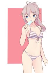 Rule 34 | 10s, 1girl, alternate costume, aoba (kancolle), bad id, bad pixiv id, bikini, blue eyes, cowboy shot, earrings, eyebrows, food, hair between eyes, ice cream, inniyik, jewelry, kantai collection, mouth hold, pink hair, popsicle, sexually suggestive, simple background, solo, striped bikini, striped clothes, swimsuit