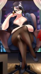Rule 34 | 1girl, absurdres, artist name, black bra, black hair, black pantyhose, blue eyes, bra, breasts, chair, cleavage, collarbone, curvy, formal, glasses, highres, huge breasts, lace, lace-trimmed bra, lace trim, lips, long hair, looking at viewer, multicolored hair, office chair, office lady, original, pantyhose, sitting, skirt, skirt suit, smile, solo, suit, suketchib, suki (suketchib), swivel chair, thick thighs, thighhighs, thighs, underwear, wide hips