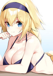 Rule 34 | 1girl, bikini, blonde hair, blue eyes, blush, braid, breasts, ebi bento, fate/grand order, fate (series), hair between eyes, head rest, headband, highres, jeanne d&#039;arc (fate), jeanne d&#039;arc (ruler) (fate), jeanne d&#039;arc (swimsuit archer) (fate), jeanne d&#039;arc (swimsuit archer) (first ascension) (fate), large breasts, long braid, looking at viewer, lying, on stomach, purple headband, sideboob, solo, swimsuit, white background