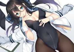 Rule 34 | 1girl, alternate costume, animal ears, black-framed eyewear, black leotard, blue sailor collar, blush, breasts, breasts apart, brown pantyhose, clipboard, commentary request, covered navel, cowboy shot, dated, dutch angle, fake animal ears, finger to mouth, glasses, gradient background, highres, kantai collection, leotard, long hair, long sleeves, looking at viewer, medium breasts, nebusoku, ooyodo (kancolle), open clothes, open shirt, pantyhose, playboy bunny, rabbit ears, rabbit tail, raised eyebrows, sailor collar, semi-rimless eyewear, shirt, shirt on shoulders, signature, solo, tail, under-rim eyewear, white background, white shirt, wrist cuffs