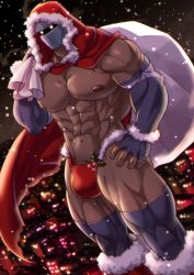 Rule 34 | 1boy, abs, bag, bara, biceps, bida, boots, broad shoulders, bulge, cape, christmas, city, city lights, covered face, dark-skinned male, dark skin, elbow gloves, gloves, glowing, glowing eyes, hand on own hip, highres, hood, hoodie, large pectorals, looking at viewer, male focus, male swimwear, manly, mask, muscular, muscular male, navel, navel hair, night, night sky, nipples, no pants, original, outdoors, pectorals, red male swimwear, red swim briefs, santa costume, sky, snow, socks, socks over thighhighs, solo, swim briefs, swimsuit, thick arms, thick thighs, thighhighs, thighs, topless male
