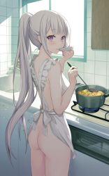Rule 34 | 1girl, apron, ass, bare shoulders, blunt bangs, blush, closed mouth, cooking, cowboy shot, echiru39, elf, emilia (re:zero), frilled apron, frills, from behind, highres, indoors, kitchen, ladle, light particles, long hair, looking at viewer, looking back, naked apron, nude, plate, pointy ears, ponytail, pot, purple eyes, re:zero kara hajimeru isekai seikatsu, sink, sleeveless, smile, solo, source request, tasting, tasting plate, very long hair, white apron