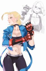 Rule 34 | 1girl, absurdres, antenna hair, black choker, black gloves, black pants, black tank top, blonde hair, blue eyes, blue jacket, breasts, cammy white, choker, cleavage, collarbone, commentary, cowboy shot, cropped jacket, doodle inset, ear picking, eyelashes, frown, gloves, highres, iago fn, jacket, medium breasts, midriff, multiple views, navel, open clothes, open jacket, pants, short hair, simple background, solo, street fighter, street fighter 6, tank top, v-shaped eyebrows, white background, yoga pants
