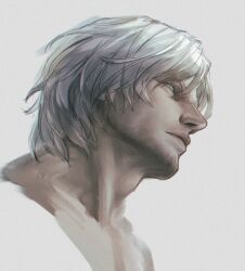 Rule 34 | 1boy, blue eyes, close-up, closed mouth, colored eyelashes, dante (devil may cry), devil may cry, devil may cry (series), devil may cry 4, expressionless, eyelashes, facial hair, facing viewer, highres, lips, looking to the side, male focus, mature male, muted color, nose, portrait, profile, realistic, simple background, sketch, solo, vaness fu, white hair