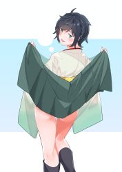 Rule 34 | 1girl, absurdres, ahoge, black footwear, black hair, blush, boots, clothes lift, doushi tatsu to dekkai no, feet out of frame, from behind, green eyes, hakama, hakama skirt, highres, japanese clothes, kantai collection, knee boots, kneepits, lifted by self, looking at viewer, looking back, matsukaze (kancolle), meiji schoolgirl uniform, short hair, skirt, skirt lift, solo, swept bangs, wavy hair