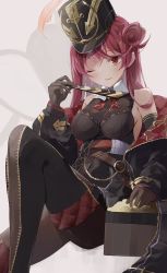 Rule 34 | 1girl, belt, bicorne, black coat, black gloves, black hat, black thighhighs, breasts, brown belt, cleavage, closed mouth, coat, gloves, hat, highres, hololive, houshou marine, houshou marine (marching band), leather belt, long hair, nel dcm, off shoulder, one eye closed, red eyes, red hair, see-through, see-through cleavage, smile, solo, thighhighs, virtual youtuber