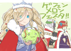 Rule 34 | 1boy, 2girls, :3, :t, blonde hair, blue dress, blue eyes, breasts, cape, cleavage, closed mouth, commentary request, crown, dalcom (ragnarok online), dress, drill hair, eyes visible through hair, food, fruit, fur cape, hair between eyes, head wreath, headphones, large breasts, long hair, looking at viewer, melon, multiple girls, natsuya (kuttuki), navel, old king groza, open mouth, plunging neckline, princess meer, purple dress, ragnarok online, red cape, short hair, slime (creature), small breasts, smile, translation request, undead, upper body, veil over eyes, very long hair, white hair, witch zilant