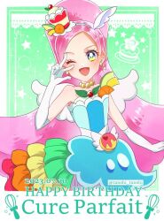 Rule 34 | 1girl, blue eyes, blue hairband, brooch, character name, cure parfait, dated, dress, earrings, elbow gloves, food-themed hair ornament, gloves, green background, hair ornament, hairband, jewelry, kirahoshi ciel, kirakira precure a la mode, long hair, looking at viewer, magical girl, open mouth, parfait, pink hair, pom pom (clothes), pom pom earrings, ponytail, precure, rainbow order, smile, solo, tanshi tanshi, twitter username, white gloves, white wings, wide ponytail, wings