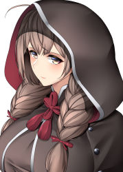 Rule 34 | 1girl, absurdres, ahoge, black capelet, braid, breasts, brown eyes, brown hair, capelet, hair ribbon, highres, hood, hood up, hooded capelet, kantai collection, kome cola, large breasts, long hair, red ribbon, ribbon, shinshuu maru (kancolle), simple background, solo, tress ribbon, twin braids, upper body, white background