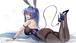 Rule 34 | 1girl, :3, absurdres, alternate costume, animal ears, armband, ass, azur lane, blue armband, blue eyes, blue hair, blue wristband, blush, breasts, eyebrows hidden by hair, fake animal ears, hair between eyes, heart, high heels, highleg, highleg leotard, highres, irkawaza, large breasts, leotard, long hair, looking at viewer, looking back, lying, new jersey (azur lane), new jersey (exhilarating steps!) (azur lane), official alternate costume, on stomach, open mouth, pantyhose, playboy bunny, simple background, solo, thighs, very long hair, white background, wristband