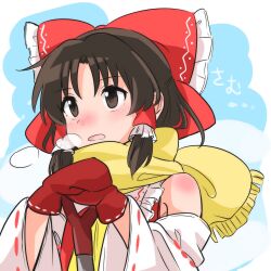 Rule 34 | 1girl, ascot, bare shoulders, bow, breath, brown eyes, brown hair, commentary request, detached sleeves, frilled hair tubes, frilled shirt collar, frills, hair tubes, hakurei reimu, highres, holding, holding shovel, long sleeves, medium hair, mittens, open mouth, parted lips, red bow, red mittens, red shirt, ribbon-trimmed sleeves, ribbon trim, scarf, shirt, shovel, sidelocks, sleeveless, sleeveless shirt, solo, touhou, upper body, white sleeves, wide sleeves, yakousei no kame, yellow ascot, yellow scarf