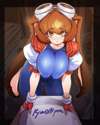 Rule 34 | 1girl, animal ears, artist name, blue bodysuit, bodysuit, breasts squeezed together, breasts, brown eyes, brown hair, rabbit ears, commentary request, cropped jacket, fingerless gloves, gloves, goggles, goggles on head, highres, jacket, large breasts, leaning forward, looking at viewer, makihara arina, red gloves, ryao, short hair, signature, skin tight, solo, waku waku 7, white jacket