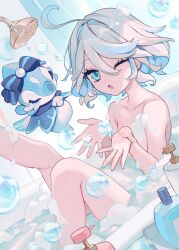 Rule 34 | 1girl, ahoge, animal, bath, bathtub, blue eyes, breasts, bubbly seahorse (genshin impact), completely nude, furina (genshin impact), genshin impact, hair between eyes, medium hair, nude, one eye closed, open mouth, partially submerged, saku nosuke, shower head, sitting, small breasts, soap, soap bubbles, water, wet, white hair