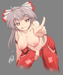 Rule 34 | 1futa, :p, @ (symbol), ahoge, breasts, collarbone, cropped legs, fujiwara no mokou, futanari, grey background, grey hair, hair ribbon, highres, hip focus, leaning forward, long hair, looking at viewer, medium breasts, nanostar, navel, nipples, nose, open pants, outstretched arm, pants, penis, pointing, pointing at viewer, precum, red eyes, red pants, ribbon, simple background, smile, solo, standing, strap, tongue, tongue out, topless, touhou, uncensored, veins, veiny penis