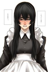 Rule 34 | 1girl, apron, black dress, black hair, blush, dress, embarrassed, full-face blush, highres, hoshi san 3, kiss day, long sleeves, maid, maid apron, original, parted lips, simple background, solo, translation request, upper body, white apron, white background