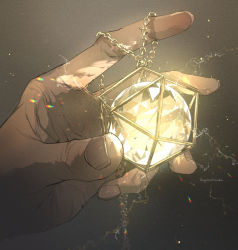 Rule 34 | 1other, ambiguous gender, ball, chain, close-up, demizu posuka, glass, glowing, gold, grey background, hand focus, holding, holding ball, light particles, original, out of frame, solo, yellow theme