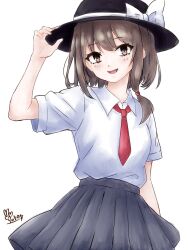 Rule 34 | 1girl, black hat, bow, brown eyes, brown hair, hat, hat bow, highres, looking at viewer, necktie, puffy short sleeves, puffy sleeves, red necktie, shirt, short sleeves, simple background, smile, solo, tokoyuka th, touhou, usami renko, white background, white bow, white shirt