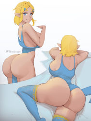 Rule 34 | 1girl, ass, bare shoulders, blonde hair, blue eyes, blush, breasts, female focus, from behind, hair ornament, hairclip, huge ass, large breasts, leotard, looking at viewer, multiple views, nintendo, phat smash, pointy ears, princess zelda, shiny skin, short hair, sideboob, smile, the legend of zelda, the legend of zelda: breath of the wild, the legend of zelda: tears of the kingdom, thick thighs, thighhighs, thighs, thong, thong leotard