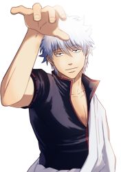 Rule 34 | 1boy, absurdres, black shirt, closed mouth, collarbone, dress shirt, gintama, highres, kmakumaan, looking at viewer, male focus, sakata gintoki, shirt, short hair, short sleeves, simple background, smile, solo, upper body, white background, white hair
