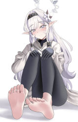 Rule 34 | 1girl, absurdres, barefoot, black gloves, blue archive, buko (bukosuki), feet, gloves, highres, himari (blue archive), looking at viewer, sitting, smile, soles, solo, toes, white hair