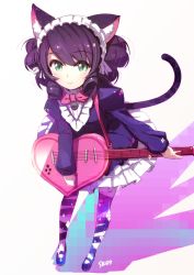 Rule 34 | 10s, 1girl, absurdres, animal ears, bad id, bad twitter id, bell, bow, bowtie, cat ears, cat tail, curly hair, cyan (show by rock!!), dress, drill hair, eyebrows, frills, full body, green hair, guitar, heart guitar, highres, instrument, jingle bell, juliet sleeves, light smile, long sleeves, looking at viewer, maid headdress, pemu, pixelated, pomon illust, puffy sleeves, purple hair, show by rock!!, slippers, solo, standing, tail, white background
