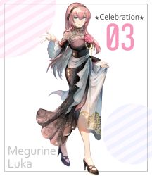 Rule 34 | 1girl, black dress, black footwear, black hairband, blue eyes, breasts, character name, closed mouth, diagonal stripes, dress, flower, full body, hair between eyes, hairband, high heels, highres, long hair, long sleeves, medium breasts, megurine luka, pink flower, pink hair, pink rose, rose, saihate (d3), shoes, skirt hold, smile, solo, standing, star (symbol), striped, striped background, very long hair, vocaloid, white background, wide sleeves