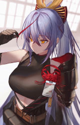 Rule 34 | 1girl, akafuyu (arknights), arknights, bare shoulders, belt, black gloves, black shirt, blue hair, breasts, brown belt, closed mouth, commentary request, gloves, hair between eyes, hair ornament, highres, jfjf, large breasts, long hair, mole, mole under mouth, multicolored hair, ponytail, red hair, shirt, solo, streaked hair, yellow eyes