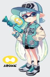 Rule 34 | 1girl, bad id, bad twitter id, baseball cap, bike shorts, black shorts, blunt bangs, closed mouth, commentary, cross-laced footwear, full body, green eyes, green hair, green hat, green jacket, grey background, grey footwear, grey legwear, grey shirt, hand in pocket, hat, holding, holding weapon, inkling, inkling (language), inkling girl, inkling player character, jacket, letterman jacket, logo, long hair, looking at viewer, maco spl, nintendo, no socks, open clothes, open jacket, pointy ears, print headwear, shirt, shoes, shorts, simple background, single vertical stripe, smile, sneakers, solo, splatoon (series), splatoon 1, splattershot (splatoon), standing, tentacle hair, trigger discipline, very long hair, weapon