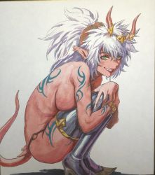 Rule 34 | 1girl, body writing, breasts, commentary, commentary request, demon, demon girl, demon horns, demon tail, fujii eishun, green eyes, highres, horns, kneeling, large breasts, long hair, looking at viewer, mixed-language commentary, original, pointy ears, simple background, smile, solo, tail, tattoo, topless, white background, white hair