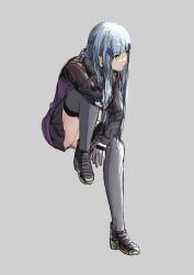 Rule 34 | 1girl, absurdres, arm behind head, black footwear, black skirt, black thighhighs, blue hair, closed mouth, expressionless, full body, girls&#039; frontline, gloves, green eyes, grey background, hair ornament, hairclip, highres, hk416 (girls&#039; frontline), jacket, long hair, looking away, shoes, sitting, skirt, solo, tactical clothes, thighhighs, wh1te, white gloves